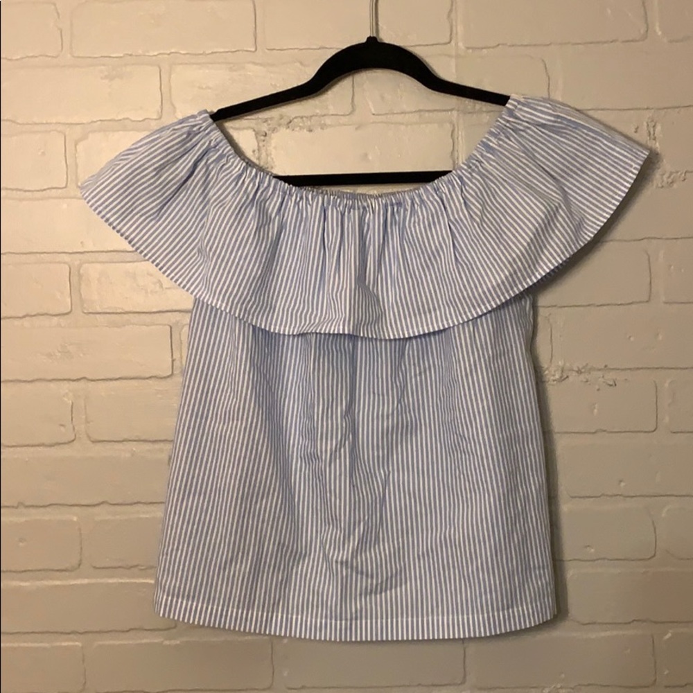 Off the shoulder baby blue and white striped shirt